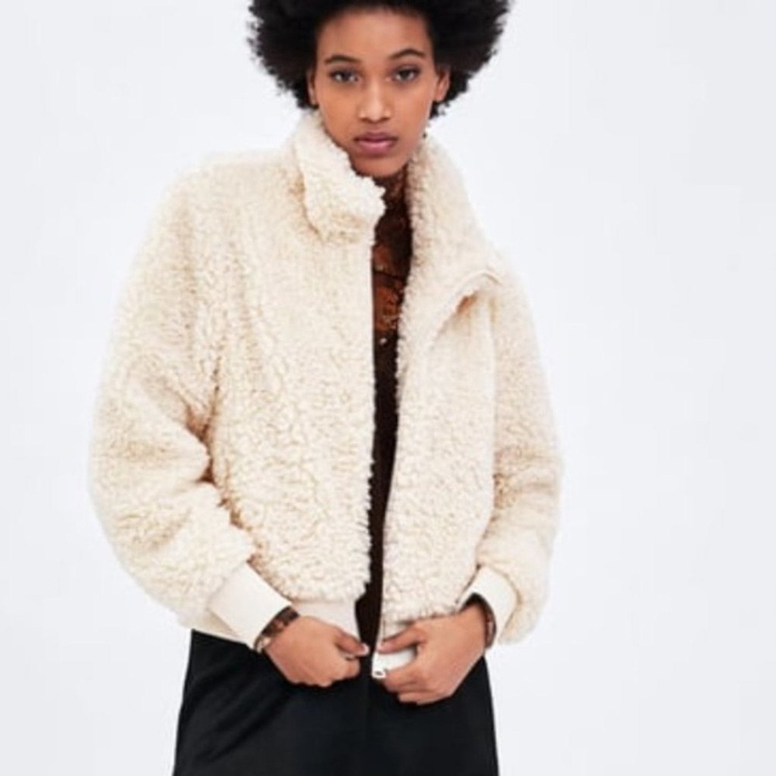 Zara Trf Teddy Faux Sherpa Bomber Zipper Jacket Size Medium